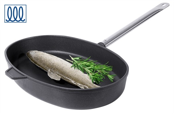 Fischpfanne-Aluminiumguss-Laenge 38 cm-Breite 26 cm-Stiellaenge 20 cm-Induktion
